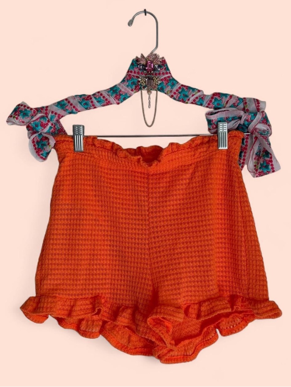 Women's Orange Ruffle Waffle Knit Bloomer Shorts M